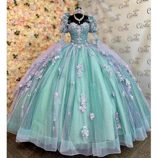 Mint Blue Quinceanera Dresses Half Sleeve Ball Gown Appliques Beading Sweet 16 15 Dress
