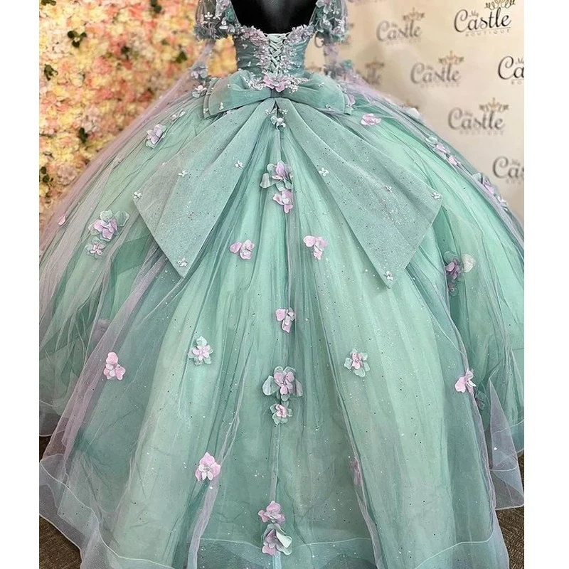 Mint Blue Quinceanera Dresses Half Sleeve Ball Gown Appliques Beading Sweet 16 15 Dress