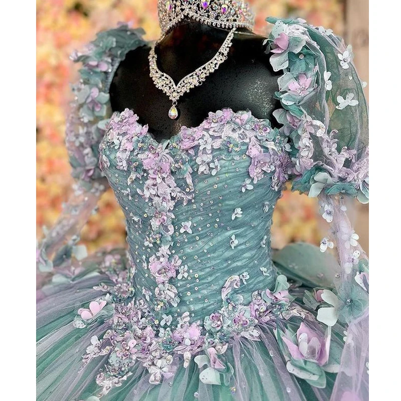 Mint Blue Quinceanera Dresses Half Sleeve Ball Gown Appliques Beading Sweet 16 15 Dress