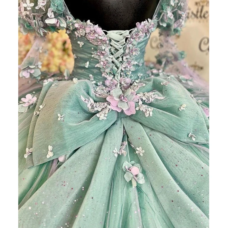 Mint Blue Quinceanera Dresses Half Sleeve Ball Gown Appliques Beading Sweet 16 15 Dress