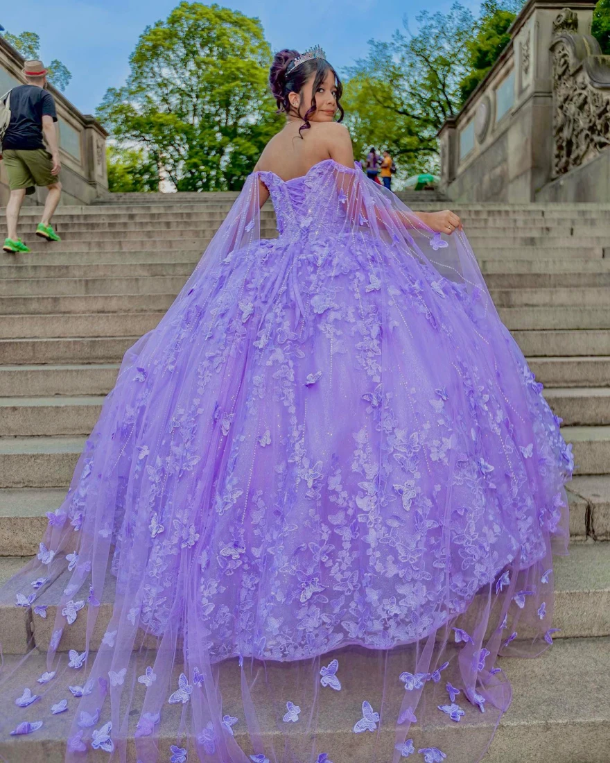 Mexico Ball Gown Purple Quinceanera Dress Sequin Beaded Flowers Appliques Sweet 16 Dress