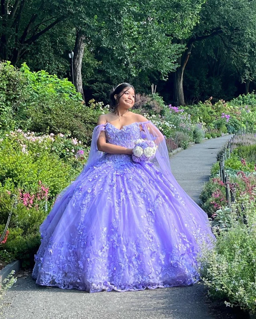 Mexico Ball Gown Purple Quinceanera Dress Sequin Beaded Flowers Appliques Sweet 16 Dress