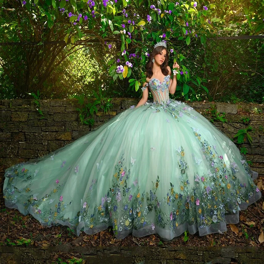 Light Green Quinceanera Dress Ball Gown 3D Butterfly Applique Beading Tull Corset Sweet 16