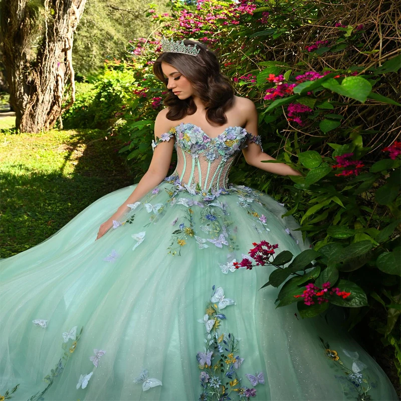 Light Green Quinceanera Dress Ball Gown 3D Butterfly Applique Beading Tull Corset Sweet 16
