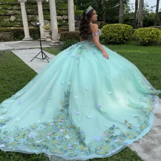Light Green Quinceanera Dress Ball Gown 3D Butterfly Applique Beading Tull Corset Sweet 16