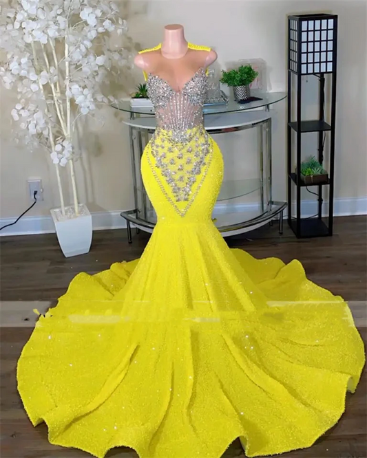 Sparkly Yellow Sequin Long Prom Dresses Black Girls Luxury Bead Diamond Mermaid Sheer Neck Formal Evening Party Gala Gowns