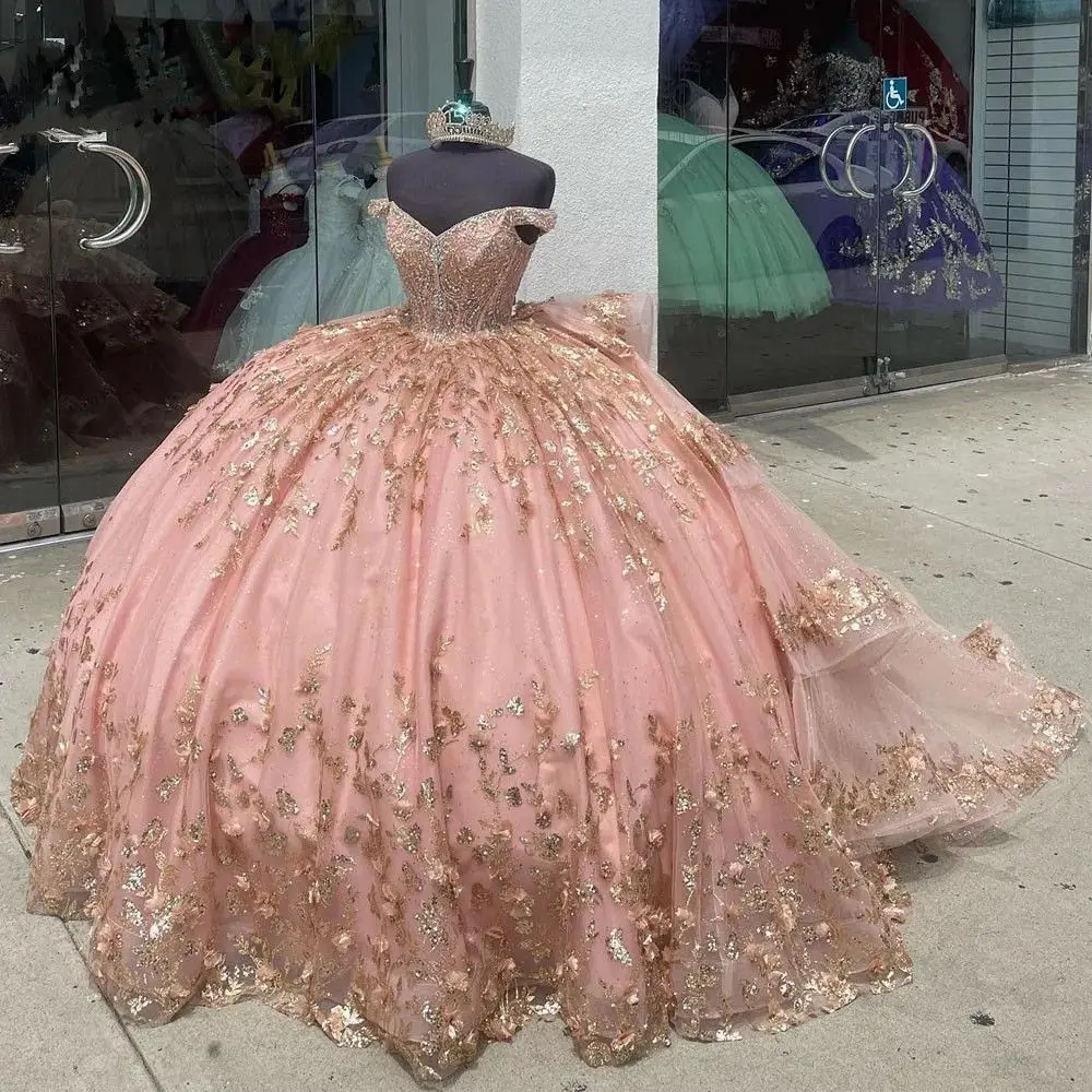 Pink Embellished Quinceanera Dress Ball Gown Appliques Beading Sequins Sweet 15 16 Dress