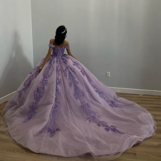 Lavender Shiny Quinceanera Dresses Ball Gown Sequins Off Shoulder Beaded Sweet 16 Dress Lace-up
