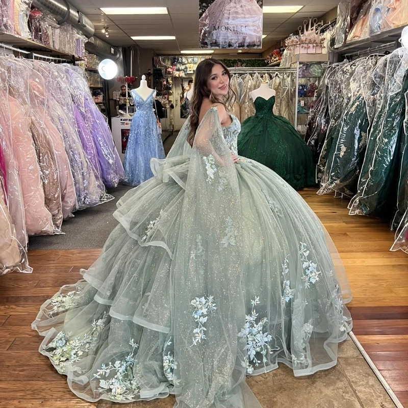 Green Shiny Spaghetti Strap Quinceanera Dress Appliques Sequined Lace Tull With Cape