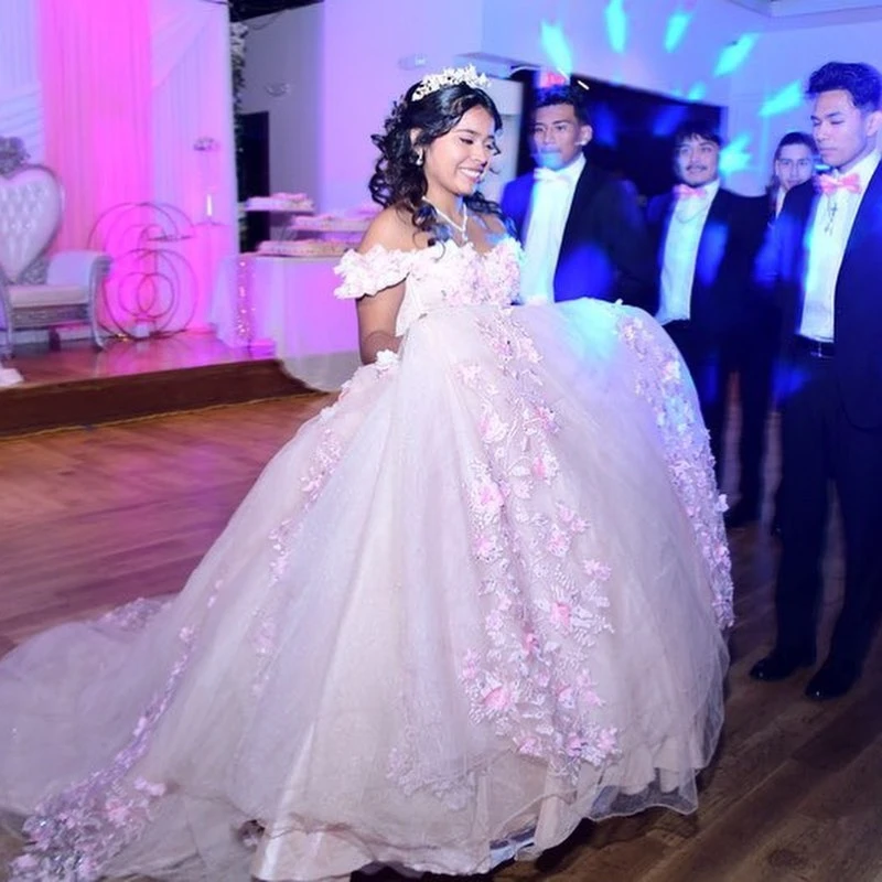 Pink Shiny Lace Ball Gown Quinceanera Dress Applique 3D Flower Beaded Sweetheart Sweet 16 Dress Lace-up