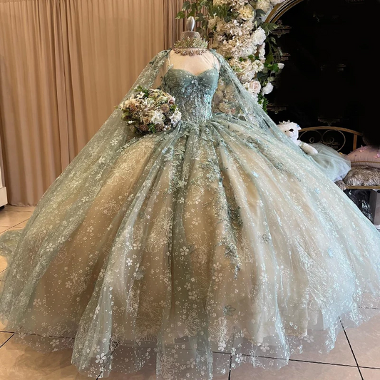Shiny Quinceanera Dresses With Cape Ball Gown Sweetheart Lace Beading Tulle Lace-Up Backless Party Princess Sweet 16 Dress