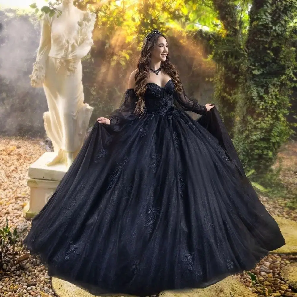 New In Black Quinceanera Dresses Detachable Sleeves Sweet 15 16 Girls Brithday Party Gown Puffy Skirt Princess Long Evening