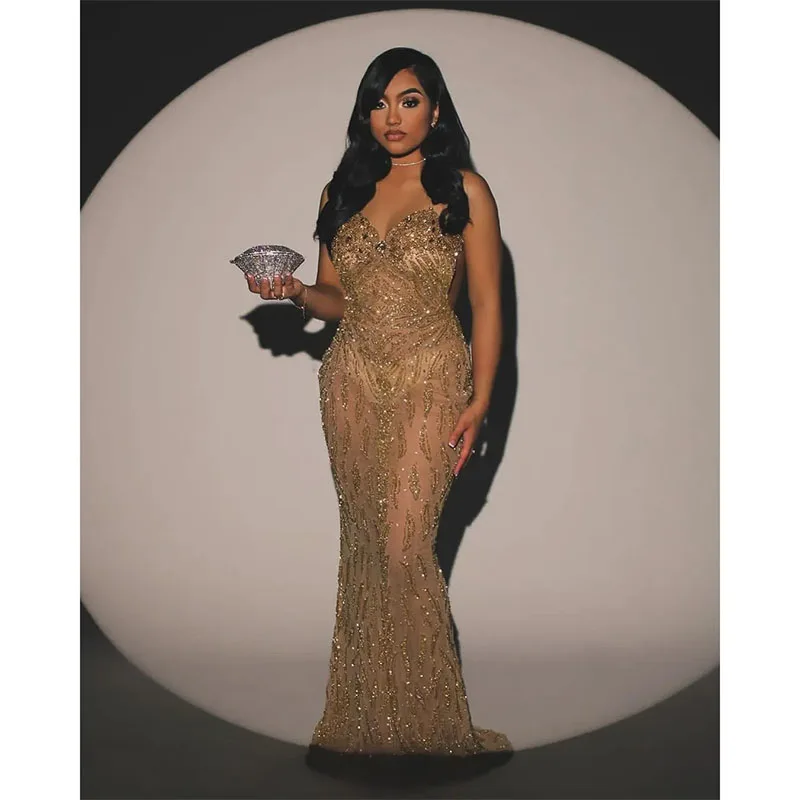 Luxury Gold Evening Dress Beads Sequined Backless Illusion Sexy Floor-Length Birthday Party Prom Dresses Custom Made