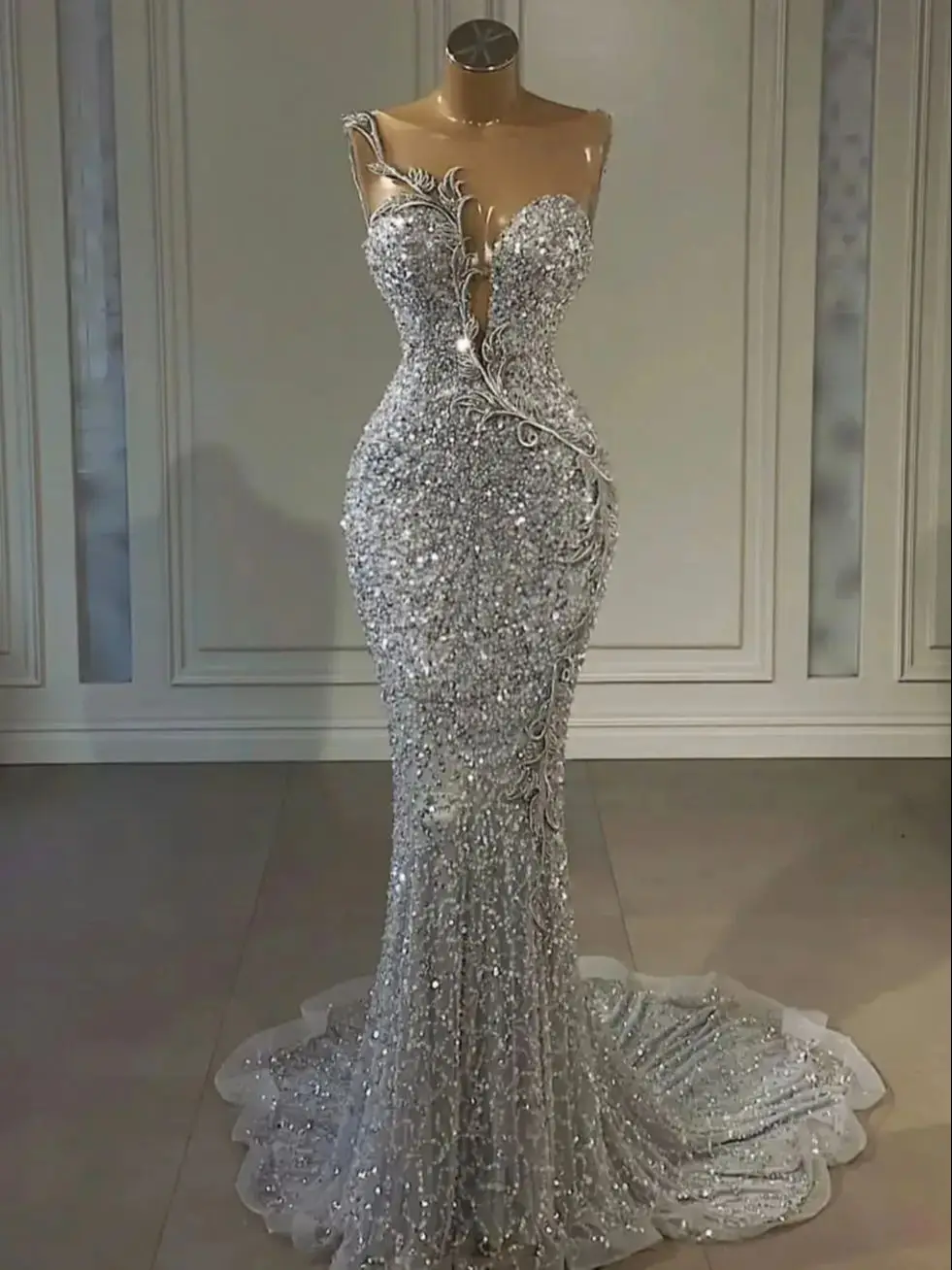 Charming Silver Sequined Mermaid Sweetheart Prom Dresses Beaded Evening Gowns