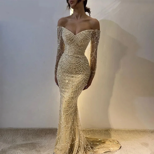 Luxury Arabic Prom Pageant Dress Off Shoulder Long Sleeves Pearls Sequined Evening Formal Birthday Gowns