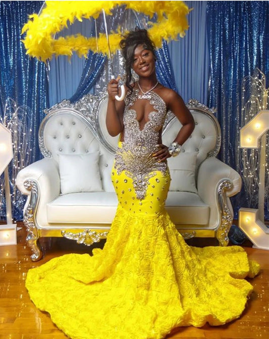 Bright Yellow Flower Ruched Train Mermaid Rhinestone Prom Dresses For Blackgirls Birthday Dress Luxury Beaded Evening Gowns