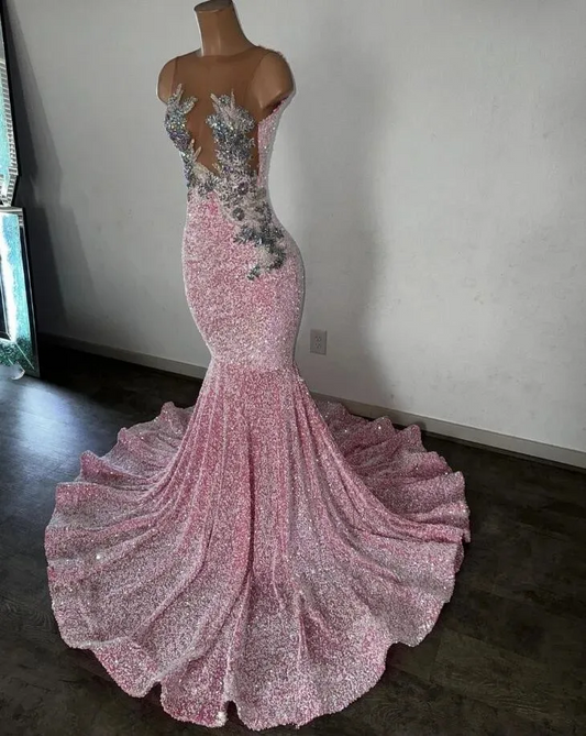 Sexy Pink Prom Dresses Black Girls Luxury Bead Crystal Sparkly Velvet Sequin Sheer Top Formal Evening Party Gala Gowns