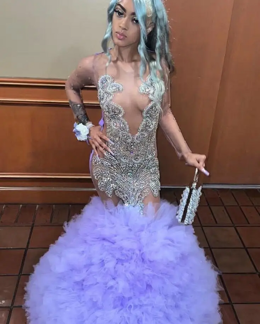 Lavender Purple Mermaid Prom Dress for Women Ruffles Bottom Silver Crystal Birthday Dresses
