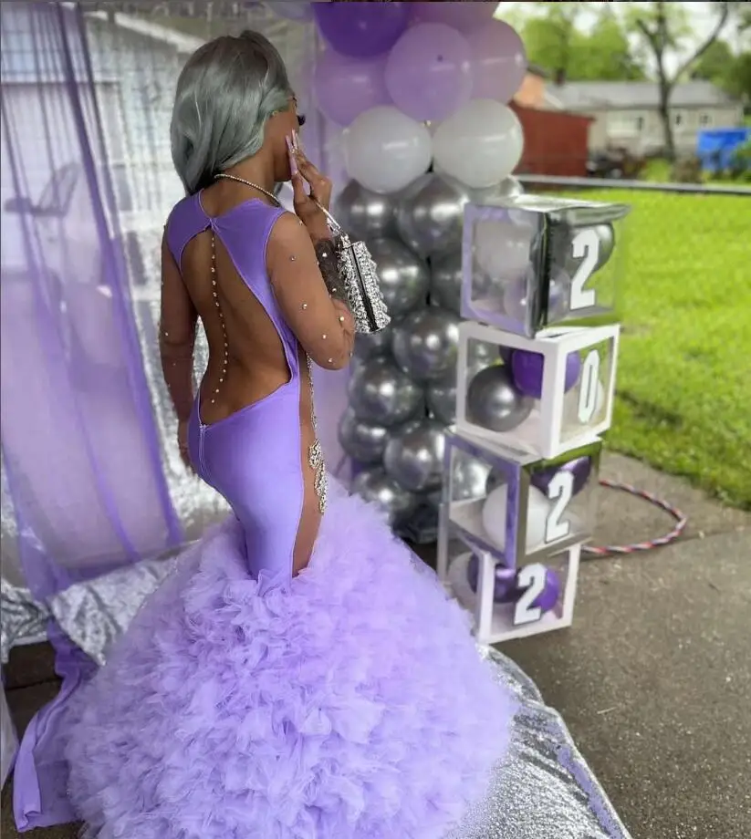 Lavender Purple Mermaid Prom Dress for Women Ruffles Bottom Silver Crystal Birthday Dresses