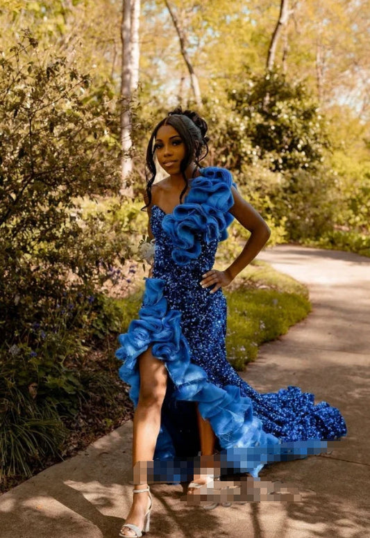 Blue Long African Prom Dresses For Black Girls Luxury Mermaid Crystal Rhinestone Ruffle High Split Birthday Evening Dress