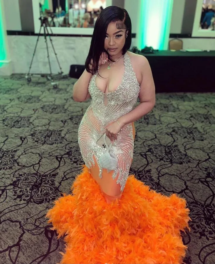 Silver Diamond Orange African Evening Dress Sparkly Crystal Ruffles Skirt Prom Birthday Gown