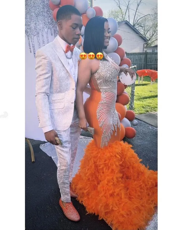 Silver Diamond Orange African Evening Dress Sparkly Crystal Ruffles Skirt Prom Birthday Gown