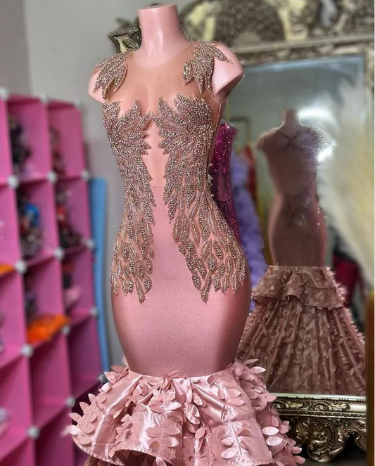 Sparkling Peach Pink Long Evening Dress For Women Luxury Diamante 3D Floral Embroidery Ruffle Dresses For Formal Occasions