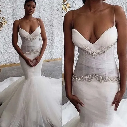 Sexy Spaghetti Straps Mermaid Wedding Dresses For Women Ruched Tulle Beaded Luxury Bridal Gowns