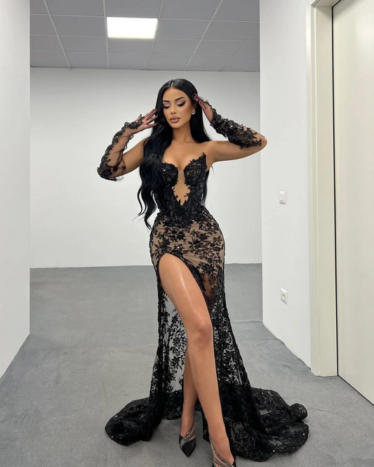 Classic Black Lace Evening Dresses with Detachable Sleeves Sexy Slit Appliques Mermaid Formal Gown Prom Party Dress Custom