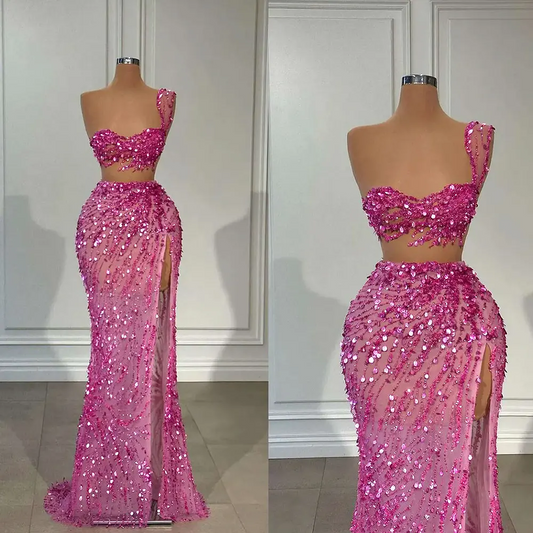 Shiny Evening Dresses Sequined Mermaid Prom Gowns Side Split Illusion Sleeveless Custom Made Special Occasion