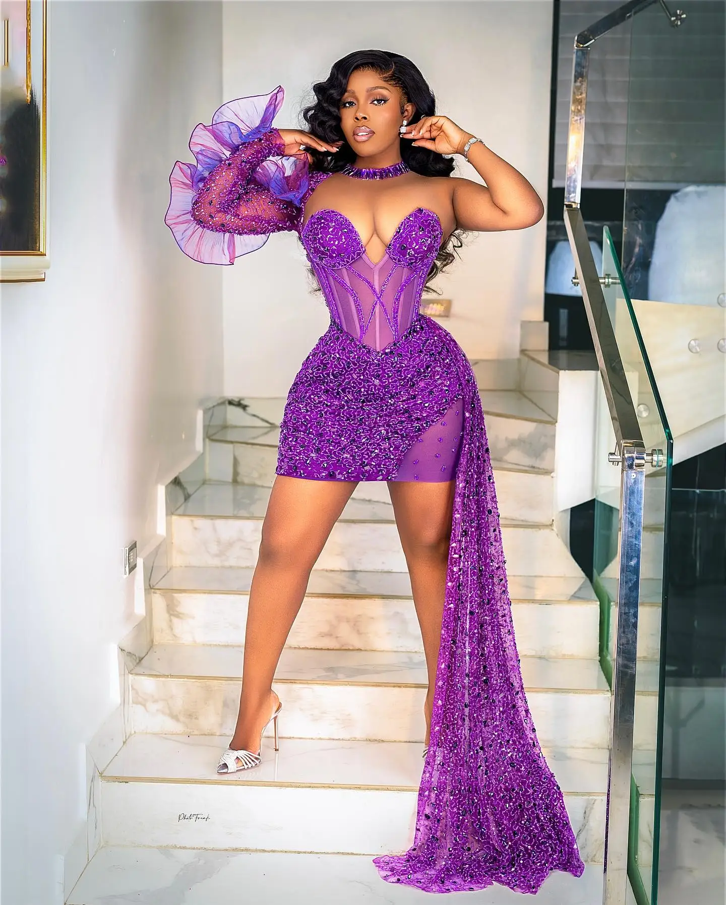 Chic Purple Sequins Beaded Short Prom Dresses African Women Formal Occasion Gowns Black Girls Cocktail Party Dress Mini