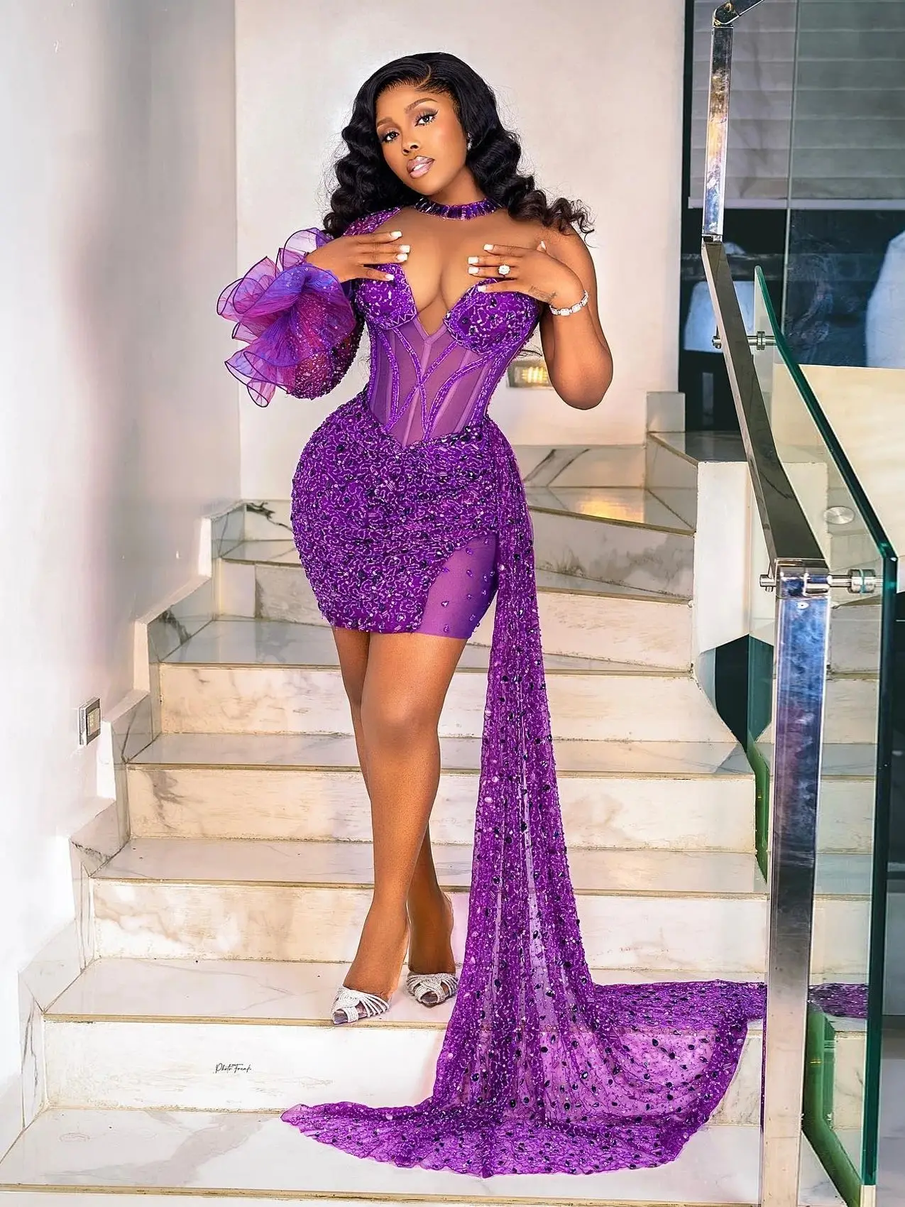 Chic Purple Sequins Beaded Short Prom Dresses African Women Formal Occasion Gowns Black Girls Cocktail Party Dress Mini