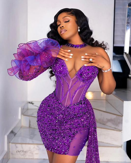 Chic Purple Sequins Beaded Short Prom Dresses African Women Formal Occasion Gowns Black Girls Cocktail Party Dress Mini