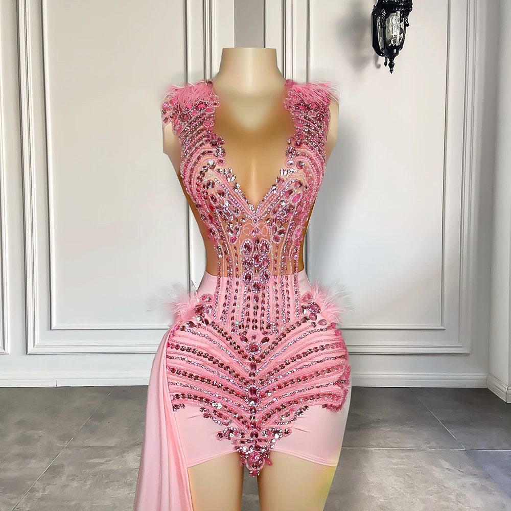 Cute Pink Luxury Diamond Birthday Formal Dress For Women Sheer Mesh Feather Black Girls Short Prom Dresses