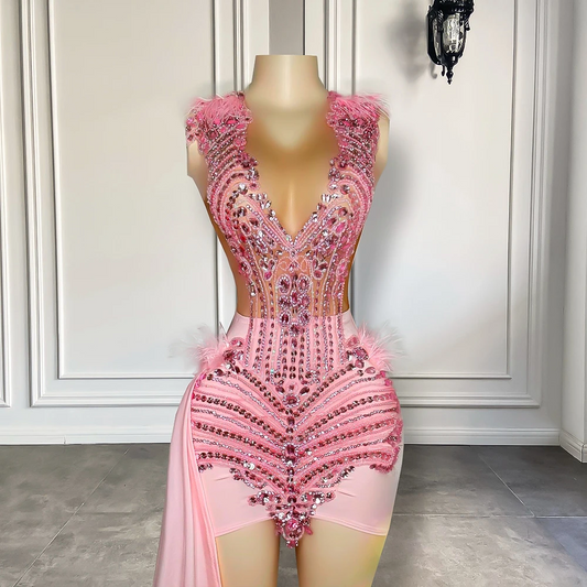 Cute Pink Luxury Diamond Birthday Formal Dress For Women Sheer Mesh Feather Black Girls Short Prom Dresses