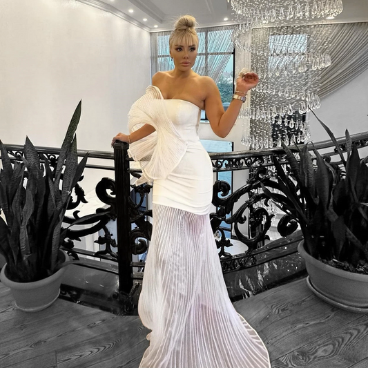Fashion White Pleated Long Prom Dresses with 3D Pleated Shoulder Couture Mermaid Evening Party Dress
