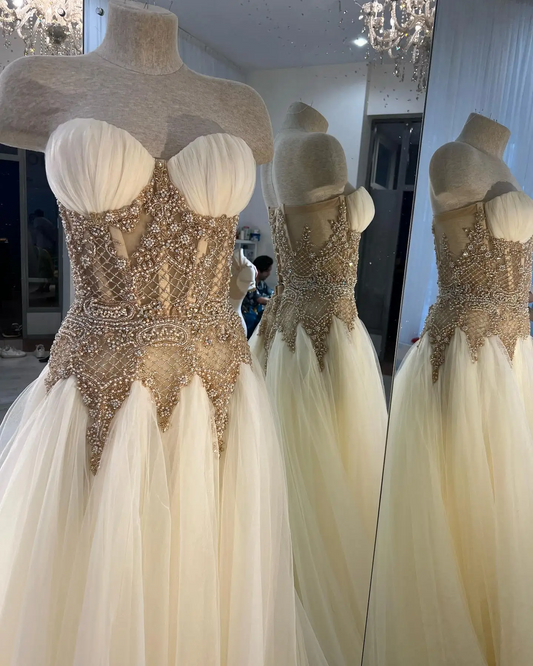 Gorgeous Beige Tulle Prom Dresses with Handmade Beading Sweetheart Soft Mesh Bridal Dress Boho Beach Wedding Gown فساتين السهرة