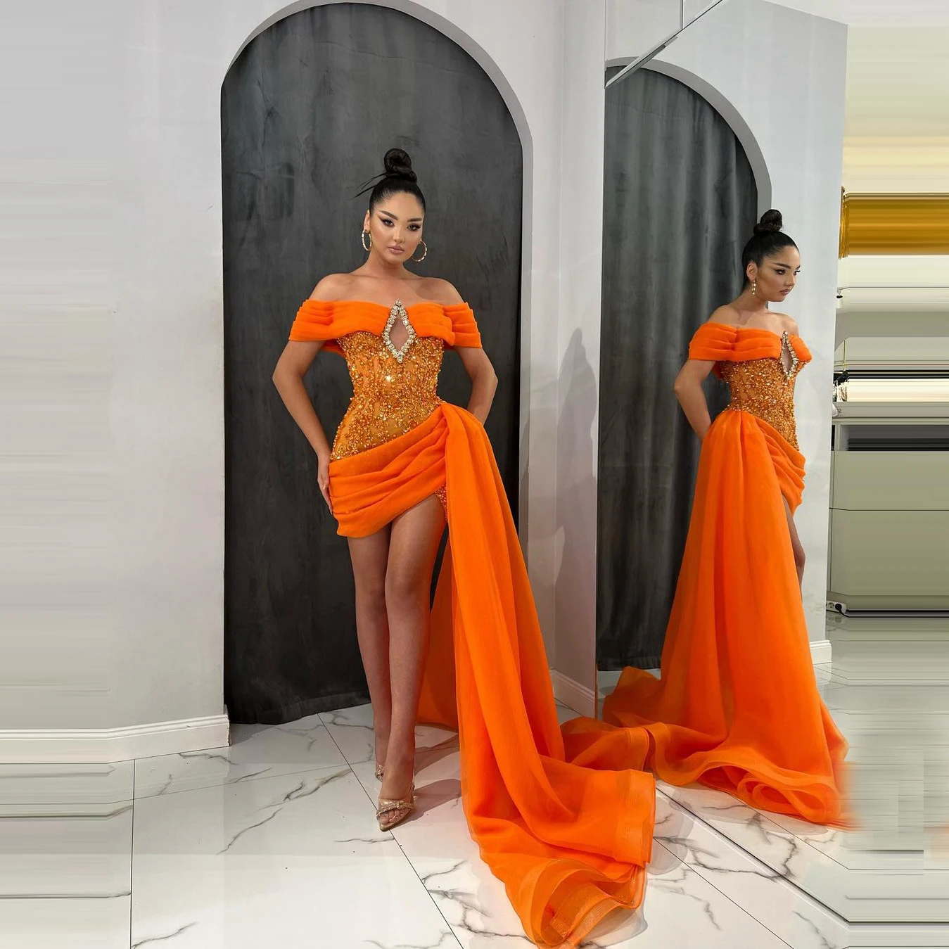 Charming Orange Tulle Prom Dresses With Train Strapless Cap Sleeves Beaded Short Evening Dressing Gowns Party Dress