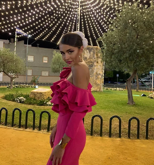 Love Red Fish Tail Wrap Hip Fold Ruffle Edge Wave Long Sleeve Off Shoulder Formal Prom Evening Dress Women's Party