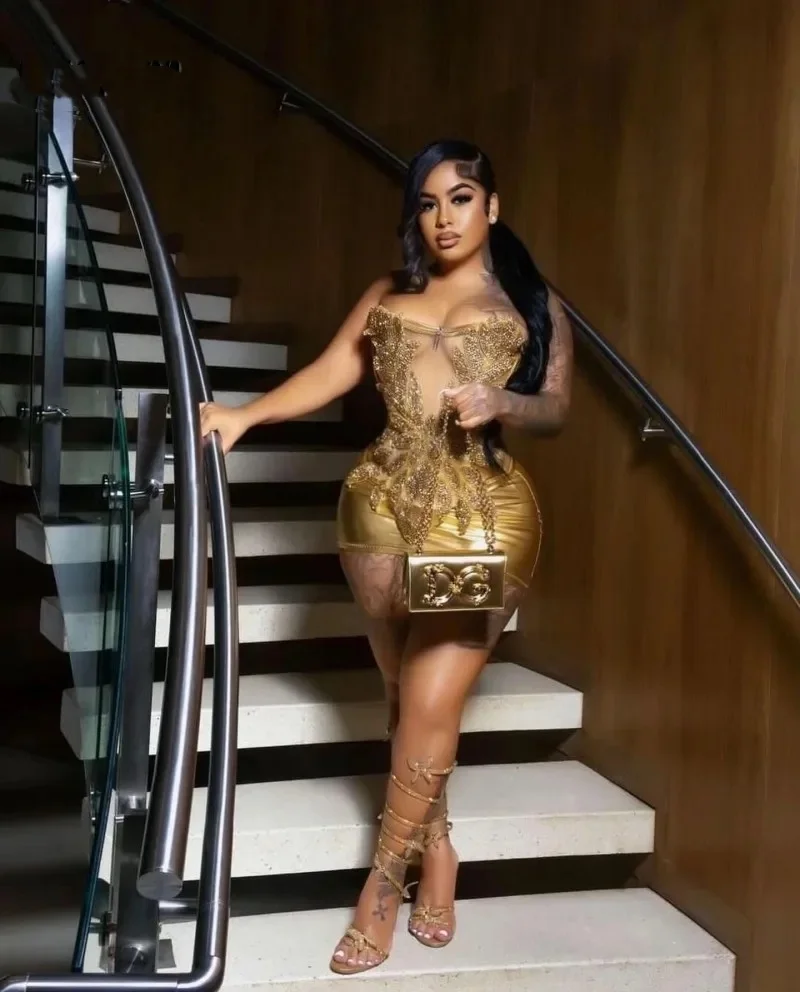 Sexy Gold Birthday Dresses Party Wear Strapless Beading Mini Prom Dress Backless Clubbing Dress Nightclub