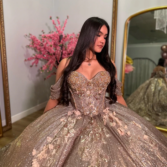 Gold Shiny Sweetheart Quinceanera Dress Off the Shoulder Florals Flowers Lace Beads Sweet 16 15 Dress