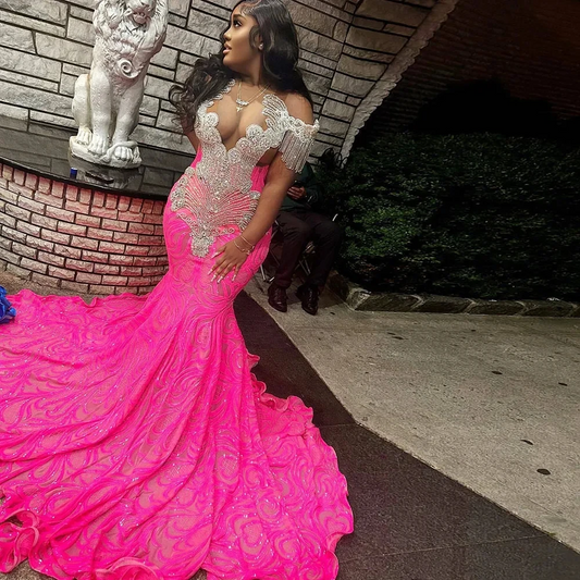 Sparkly Hot Pink Prom Dress For Women Sequin Rhinestone Luxury Mermaid Party Dresses Black Girls