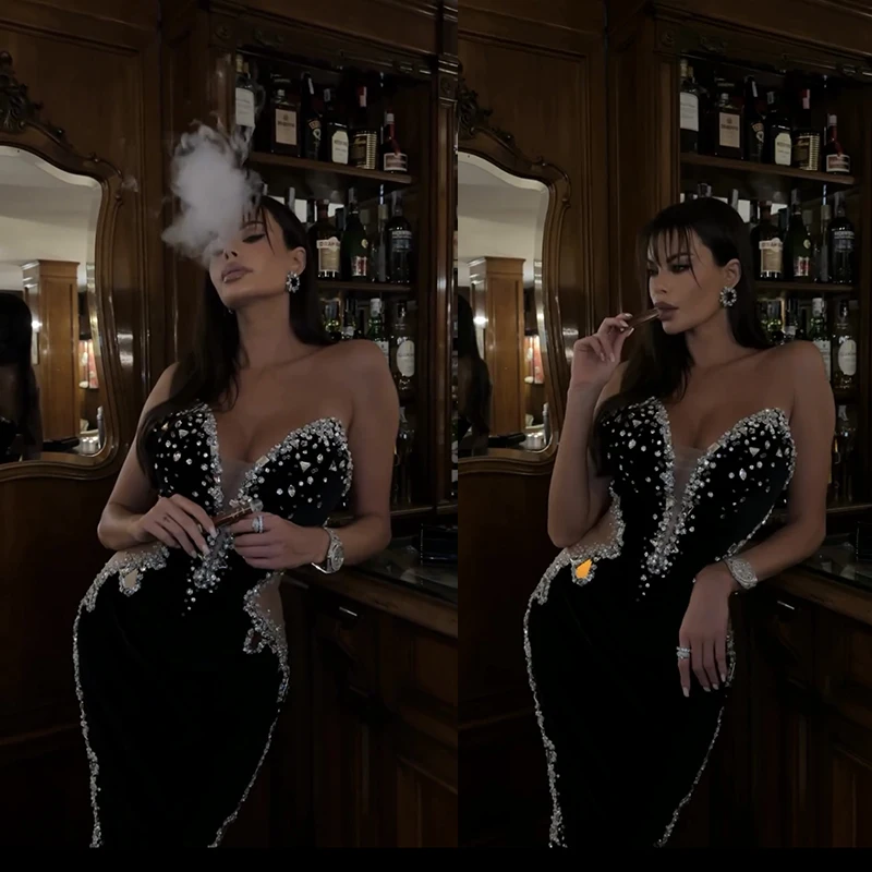 Factory Wholesale Women's Black Strapless Diamond Mesh Yarn Sexy Celebrity Cocktail Party Bandage Long Dress