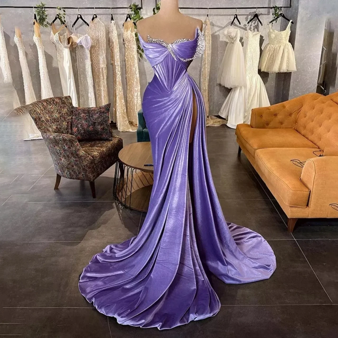 Lavender Elegant Velvet Prom Dresses Dubai Arabic Mermaid Women Party Gowns Pleated High Split Sexy Formal Evening Gowns