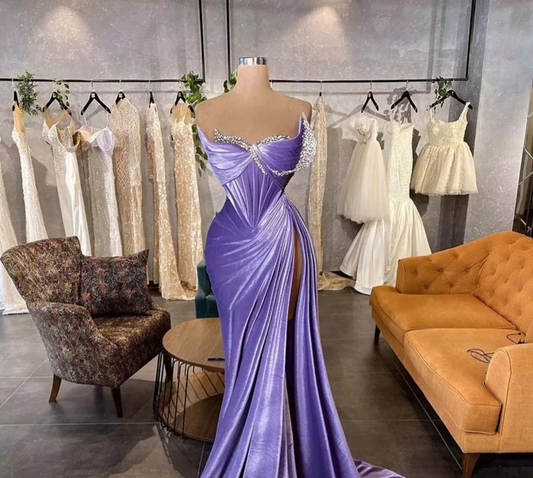 Lavender Elegant Velvet Prom Dresses Dubai Arabic Mermaid Women Party Gowns Pleated High Split Sexy Formal Evening Gowns