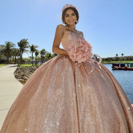Rose Gold Quinceanera Dresses Glitter Sweetheart Sequin Ball Gown Sweet 16 Dress Birthday Party