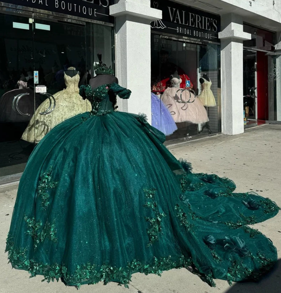 Princess Emerald Green Off Shoulder Ball Gown Quinceanera Dresses Beads Birthday Party Flowers Sweet 16 Dress