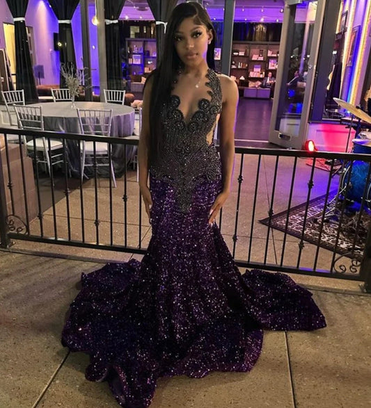 Sparkly Diamonds Purple Long Prom Dress For Black Girls Beads Crystals Rhinestones Birthday Party Reception Robe