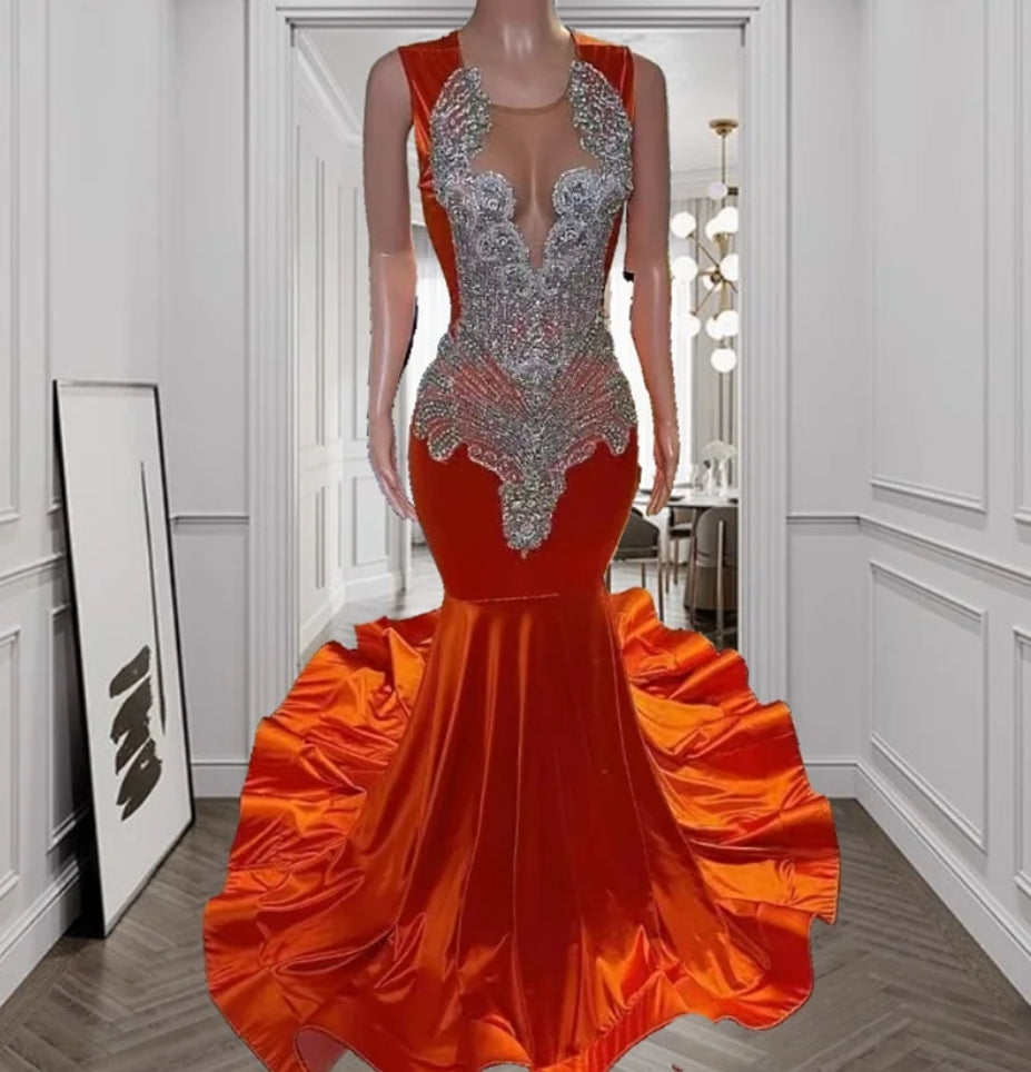 New Arrival Orange Mermaid Prom Dress Glitter Silver Beads Crystals Rhinestones Wedding Party Gown