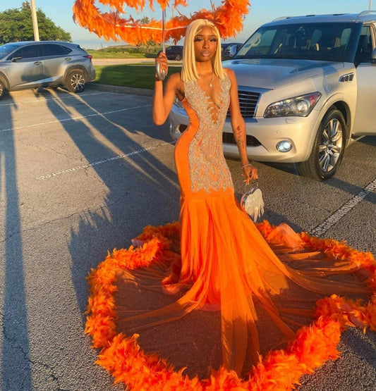 Sparkly Orange O Neck Long Prom Dress Simply Birthday Party Dresses Beaded Crystal Evening Gowns Feathers Gown